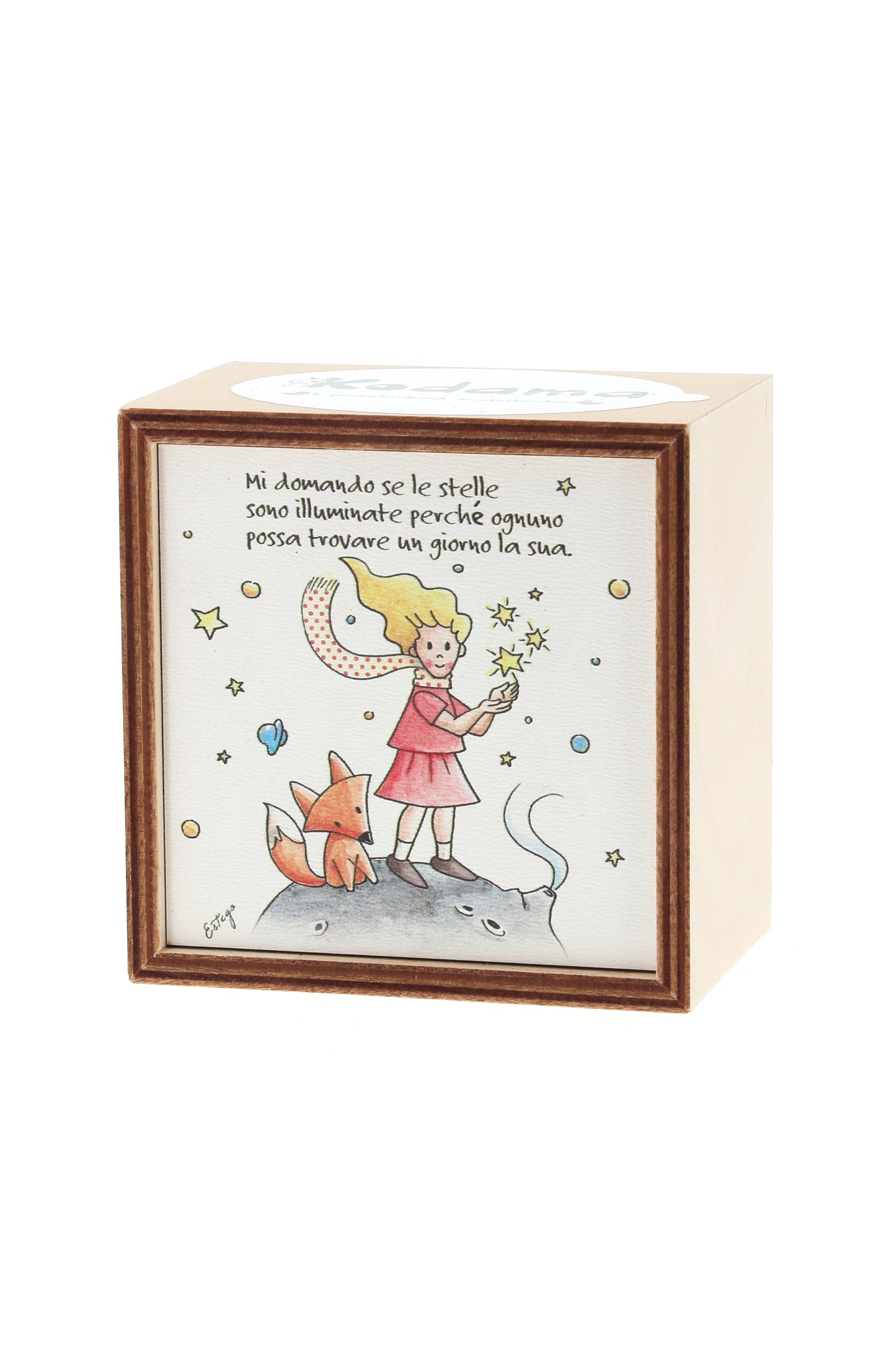 Piantina Kodama in cubo di legno - immagine Piccola Principessa. Dimensioni 10x10 cm