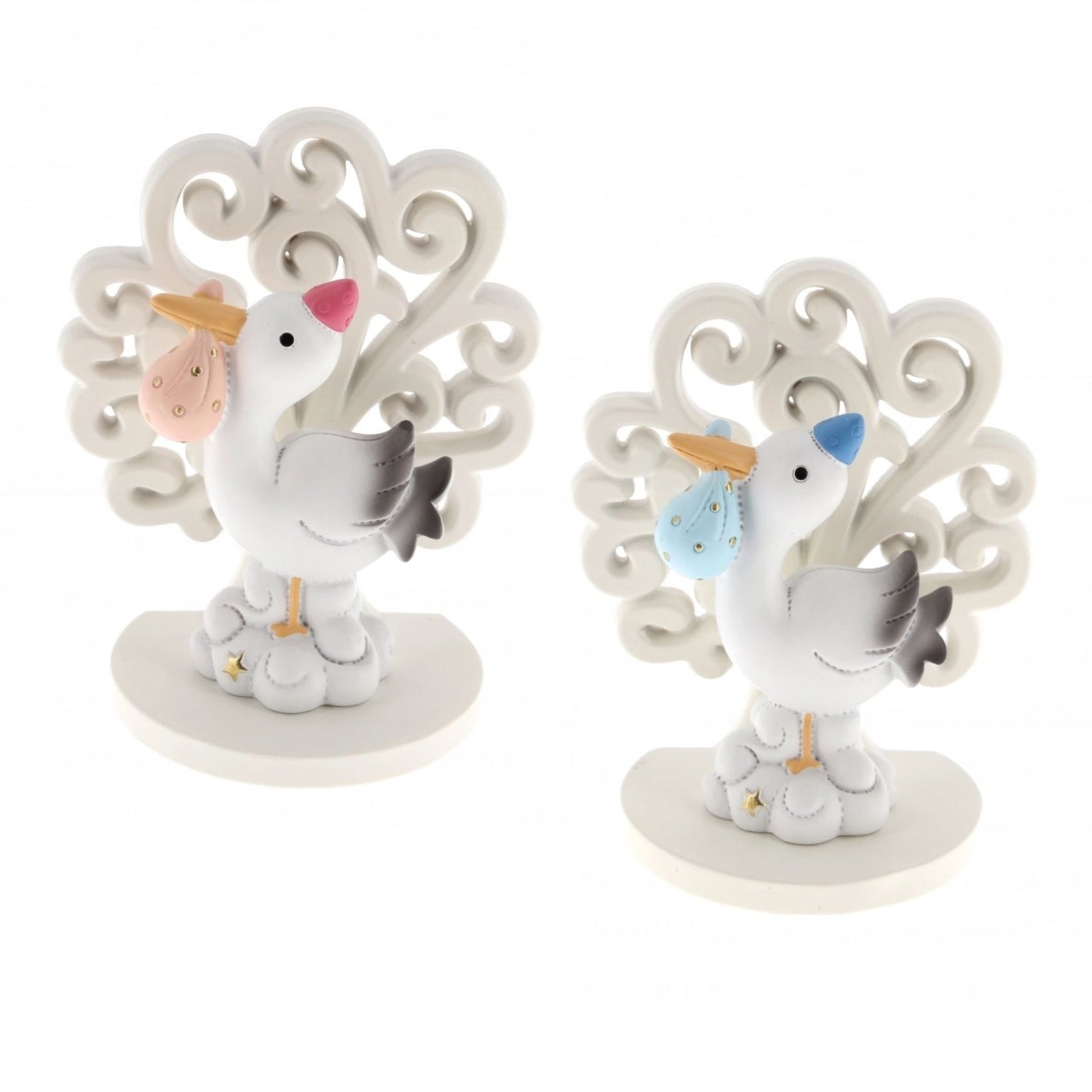 Ricordino Battesimo/Nascita - Albero della vita con cicogna e fagotto rosa/celeste. Altezza 9,3 cm