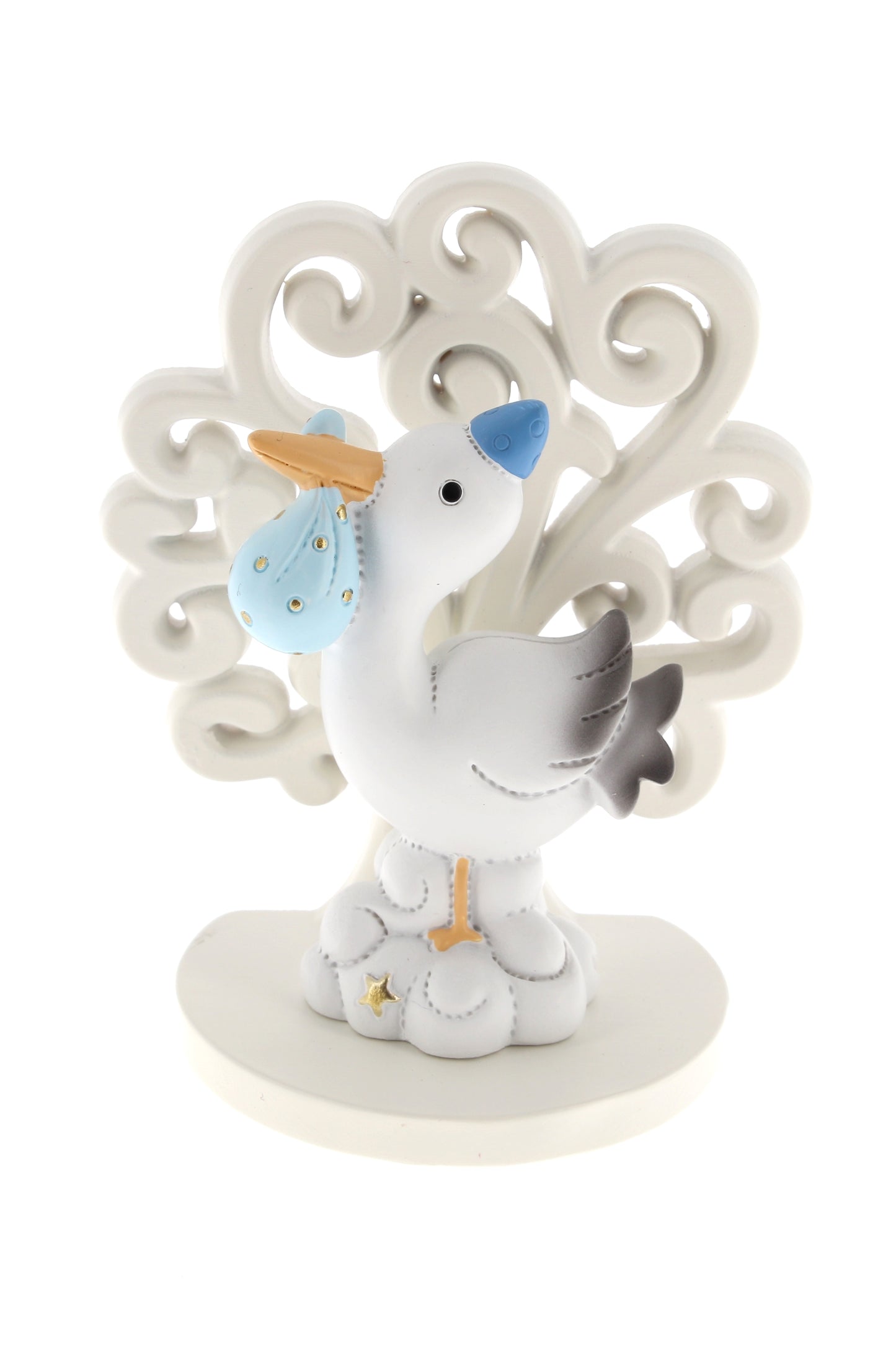 Ricordino Battesimo/Nascita - Albero della vita con cicogna e fagotto rosa/celeste. Altezza 9,3 cm