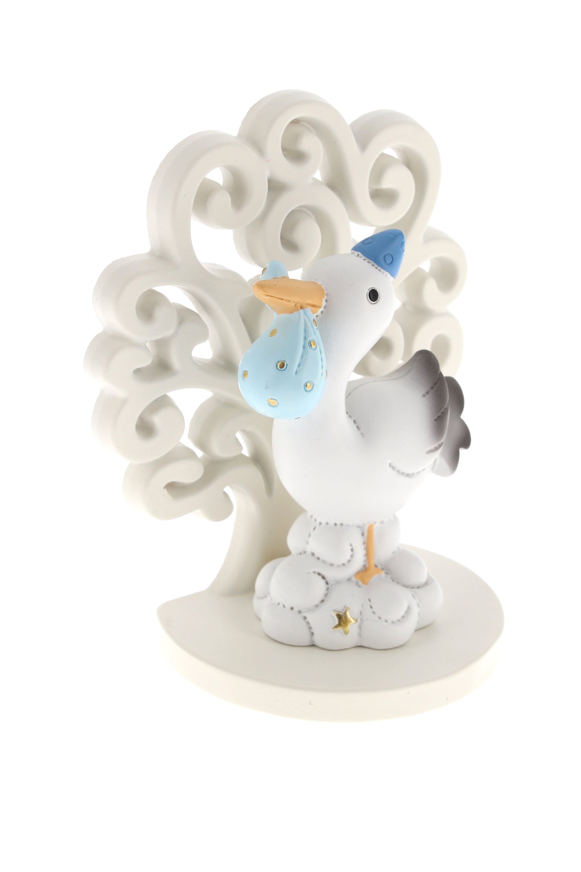 Ricordino Battesimo/Nascita - Albero della vita con cicogna e fagotto rosa/celeste. Altezza 9,3 cm