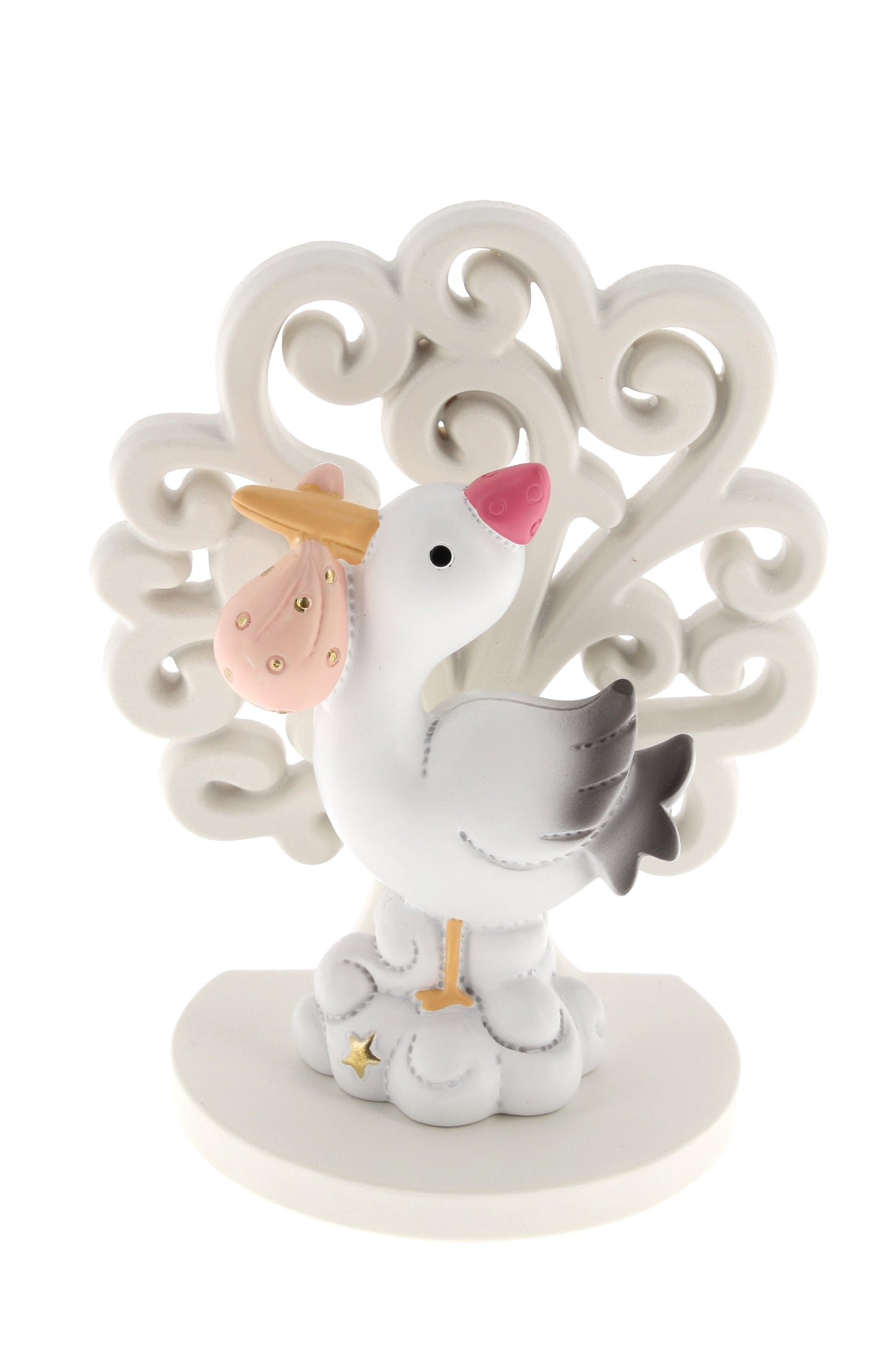 Ricordino Battesimo/Nascita - Albero della vita con cicogna e fagotto rosa/celeste. Altezza 9,3 cm