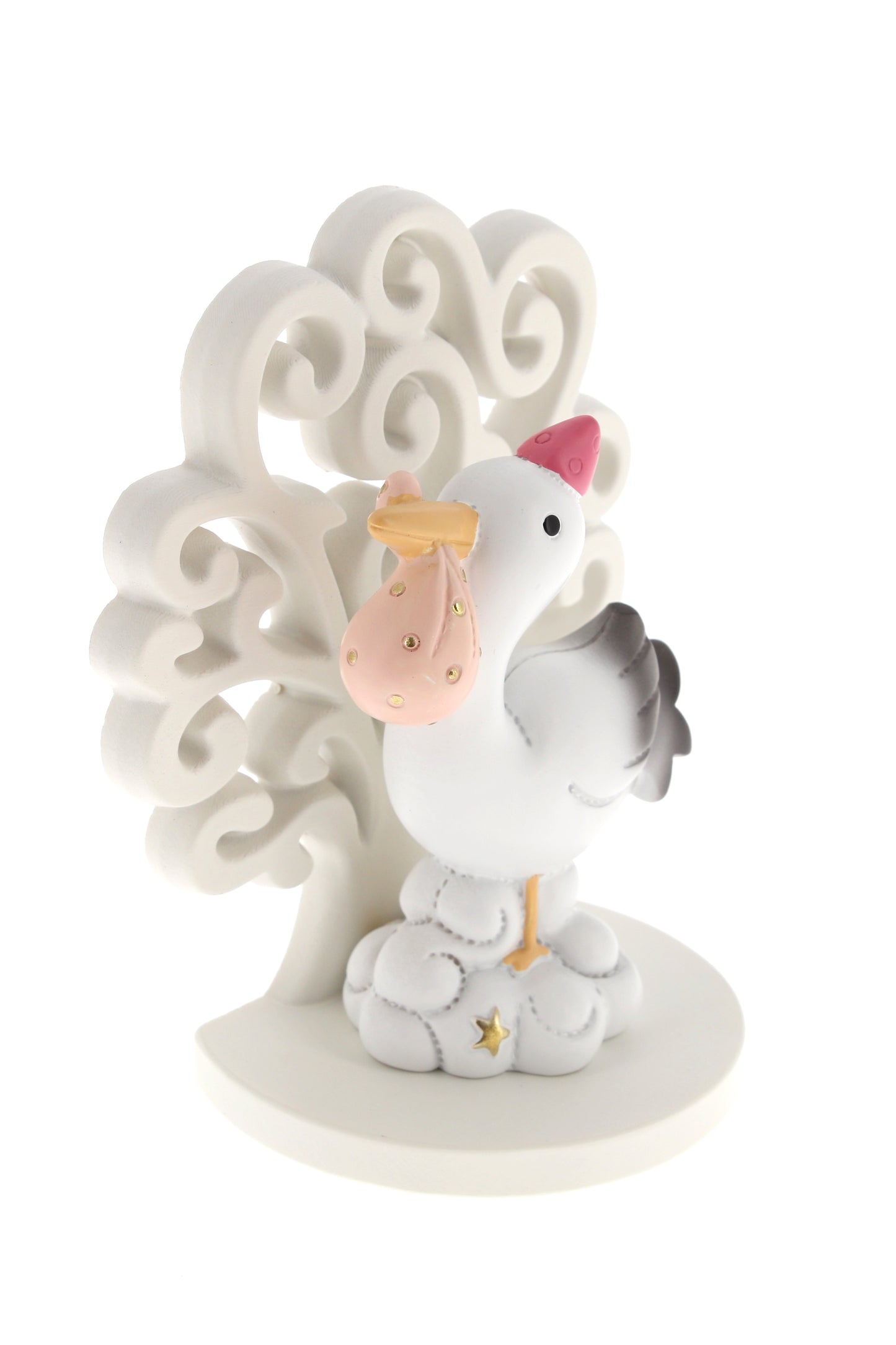 Ricordino Battesimo/Nascita - Albero della vita con cicogna e fagotto rosa/celeste. Altezza 9,3 cm