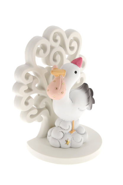 Ricordino Battesimo/Nascita - Albero della vita con cicogna e fagotto rosa/celeste. Altezza 9,3 cm