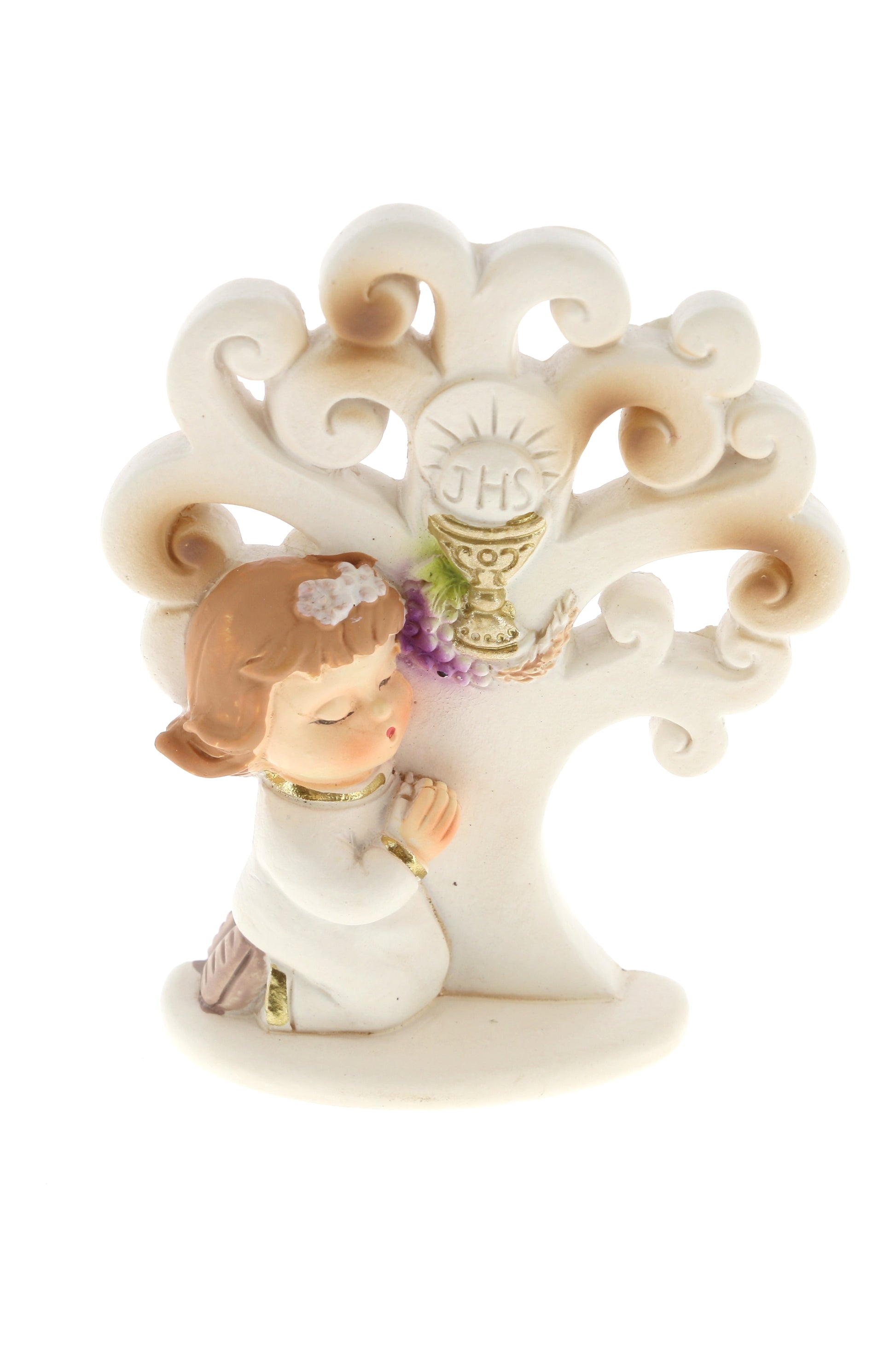 Ricordino Comunione - Albero della vita con bimbo/bimba in preghiera. Altezza 7,2 cm