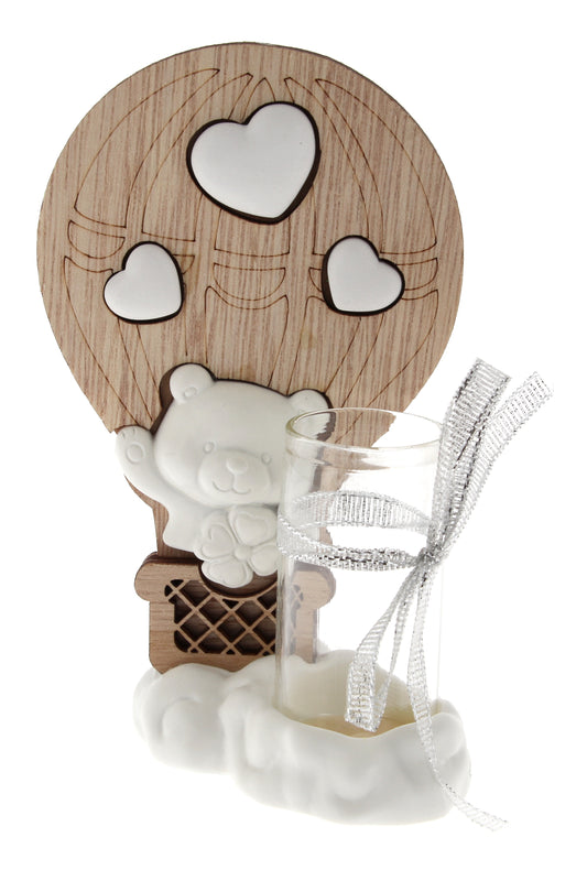 Ricordino Battesimo/Nascita - profumatore mongolfiera in legno. Altezza 13,3 cm