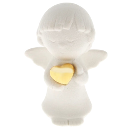 Ricordino Battesimo/Nascita/Evento - Angelo in porcellana bianca con cuore oro. Altezza 8,6 cm