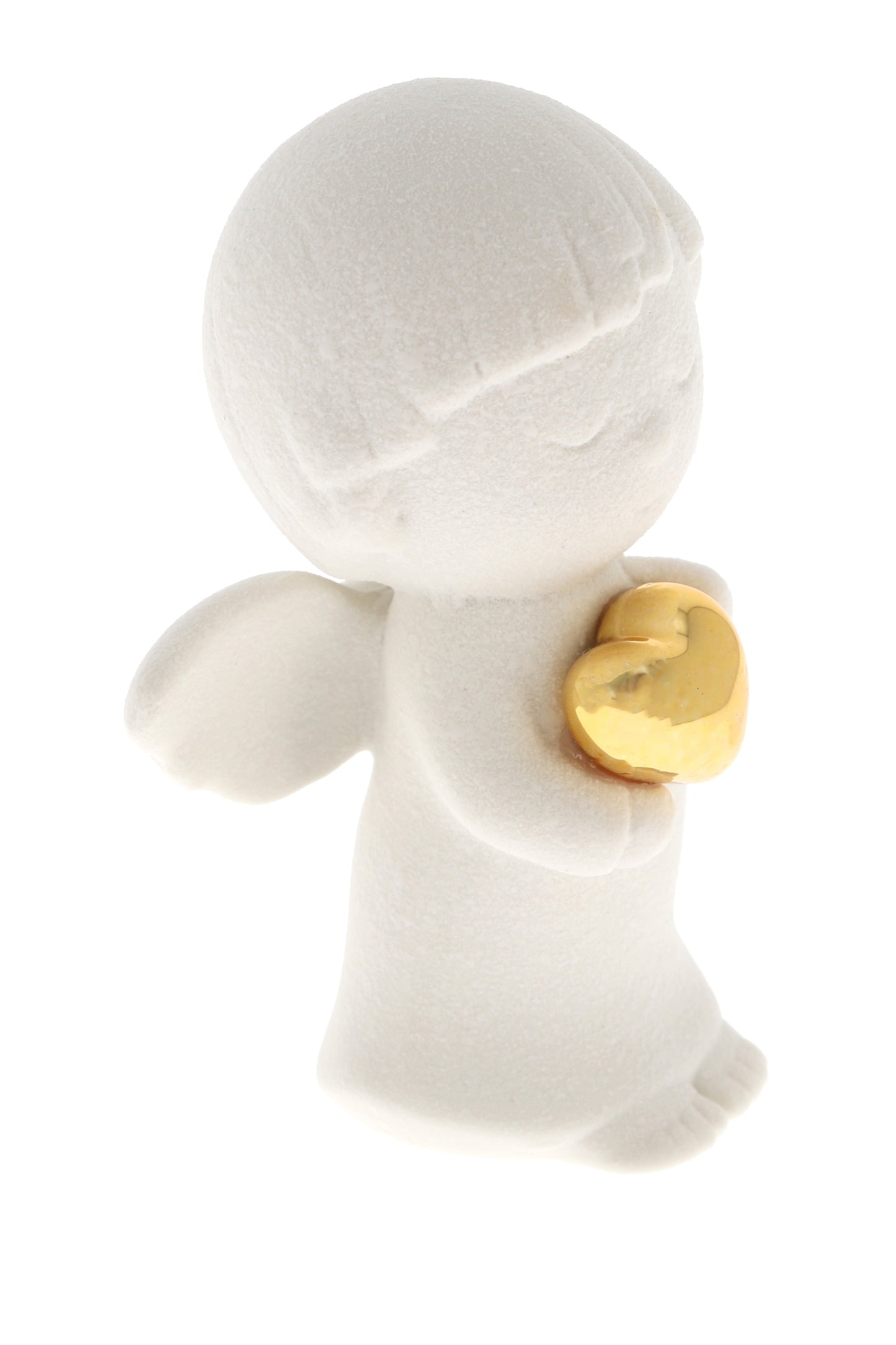 Ricordino Battesimo/Nascita/Evento - Angelo in porcellana bianca con cuore oro. Altezza 8,6 cm