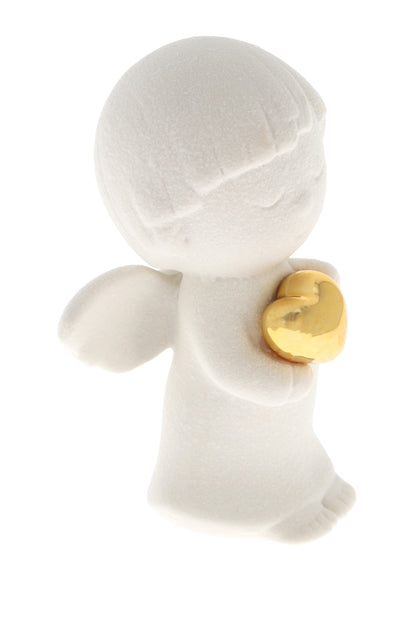 Ricordino Battesimo/Nascita/Evento - Angelo in porcellana bianca con cuore oro. Altezza 8,6 cm