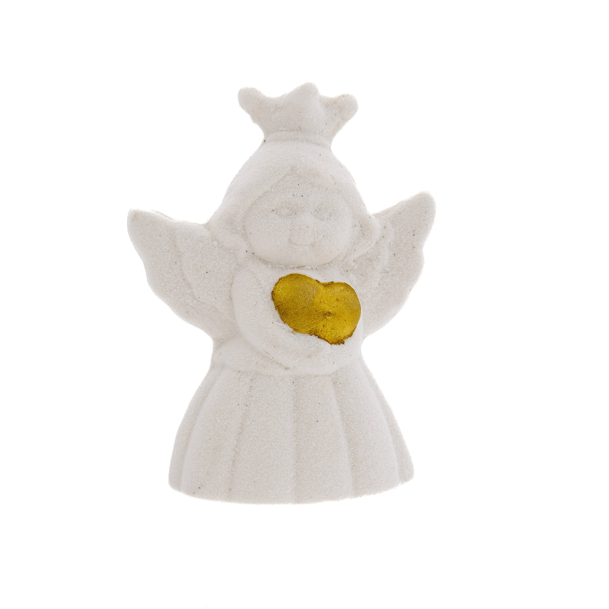 Ricordino Battesimo/Nascita/Evento - calamita in porcellana bianca Angelo con cuore oro 7x5 cm