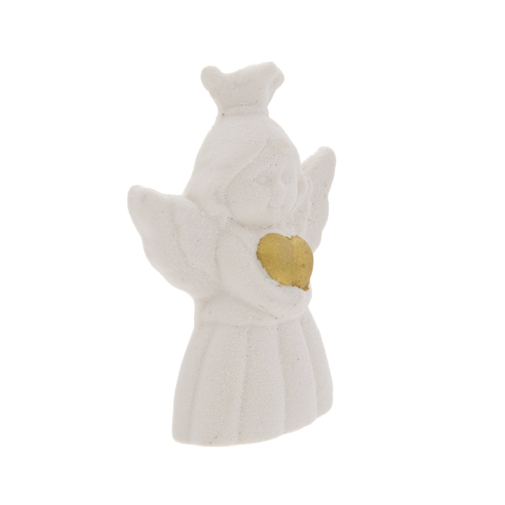 Ricordino Battesimo/Nascita/Evento - calamita in porcellana bianca Angelo con cuore oro 7x5 cm