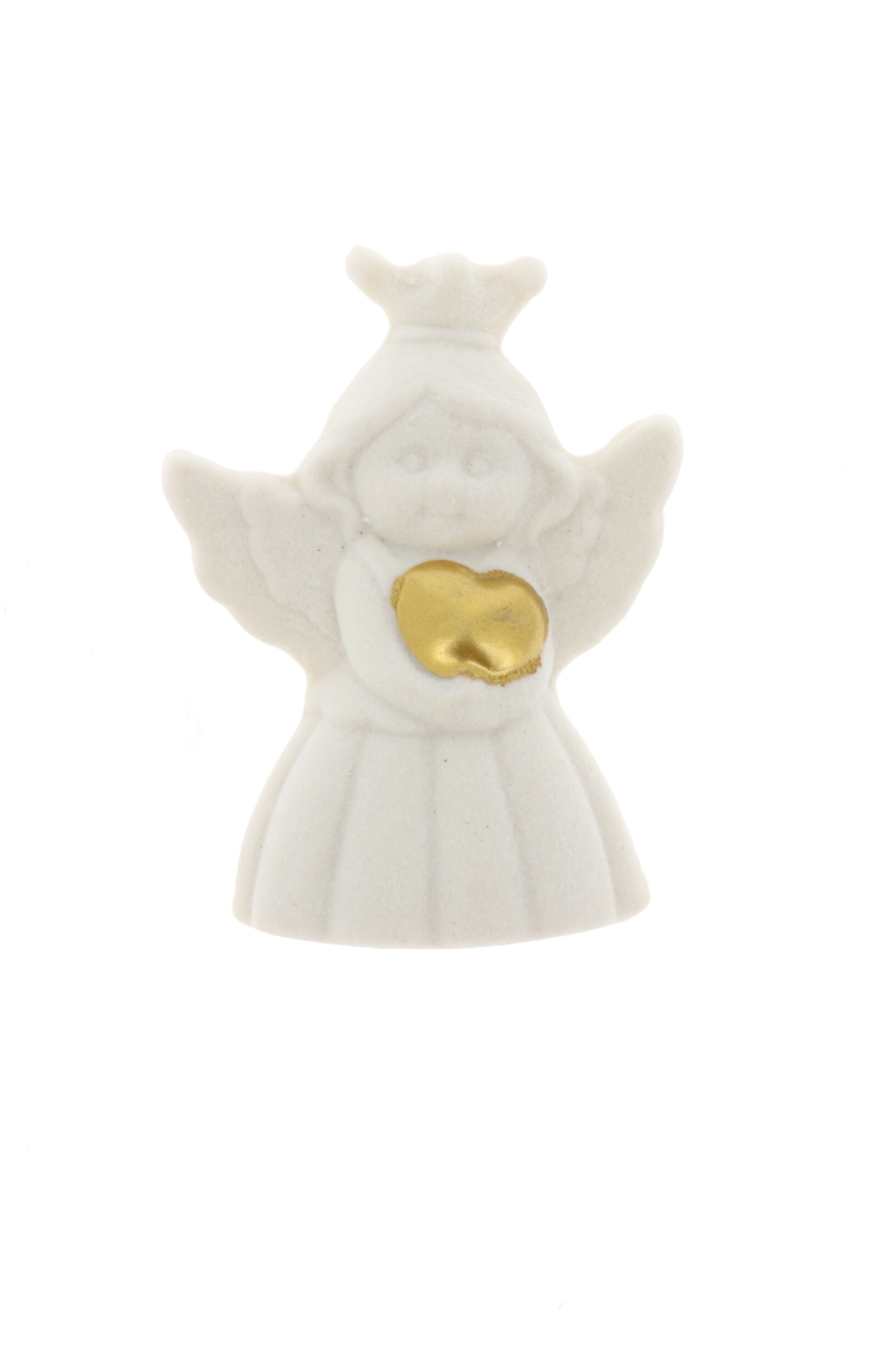Ricordino Battesimo/Nascita/Evento - calamita in porcellana bianca Angelo con cuore oro 7x5 cm