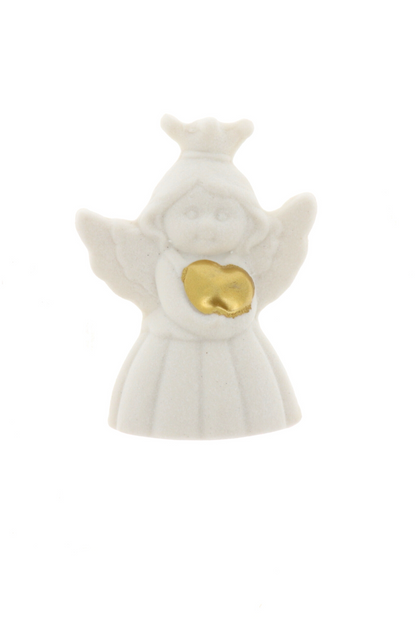 Ricordino Battesimo/Nascita/Evento - calamita in porcellana bianca Angelo con cuore oro 7x5 cm