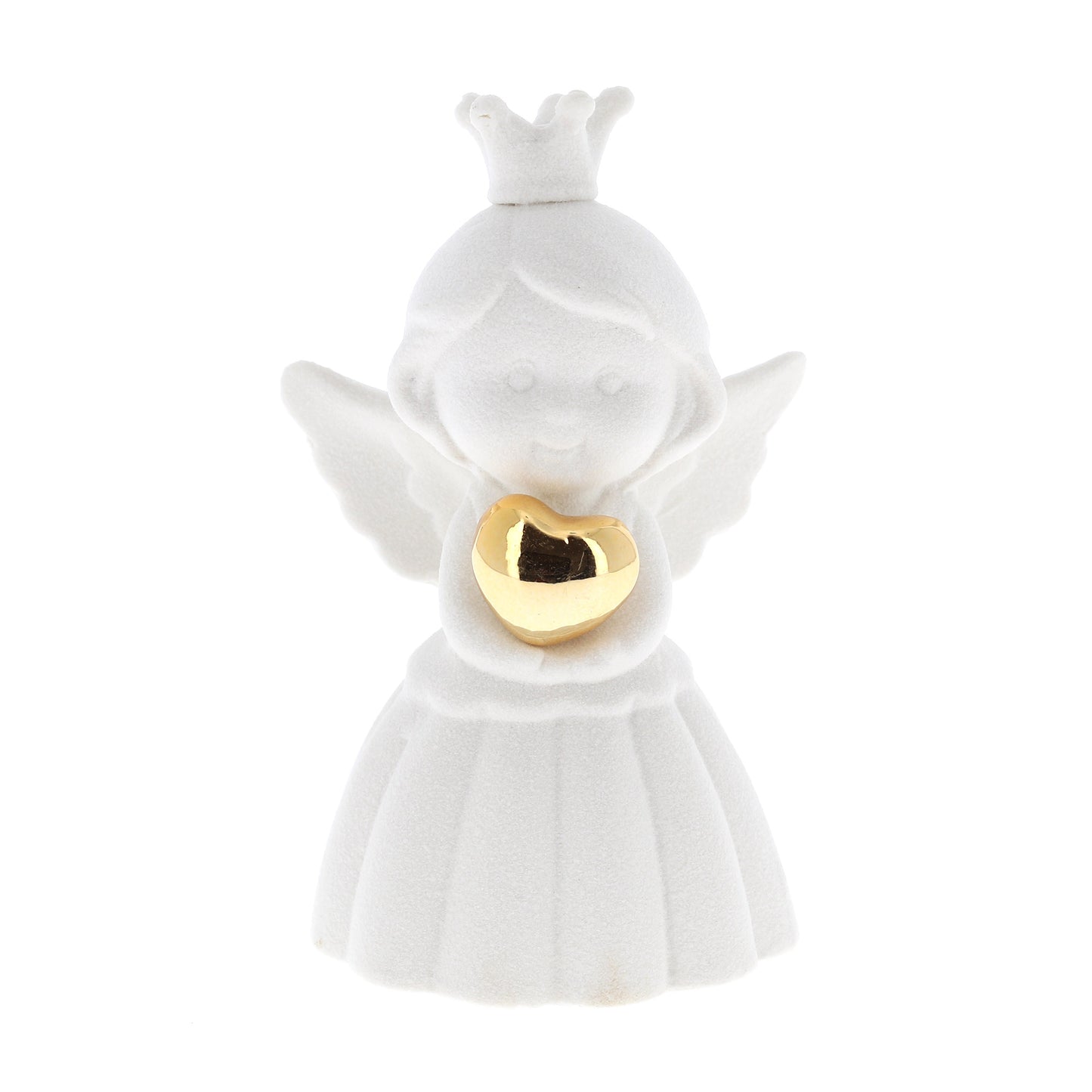 Ricordino Battesimo/Nascita/Evento - angelo in porcellana bianca con cuore oro. Altezza 9,8 cm