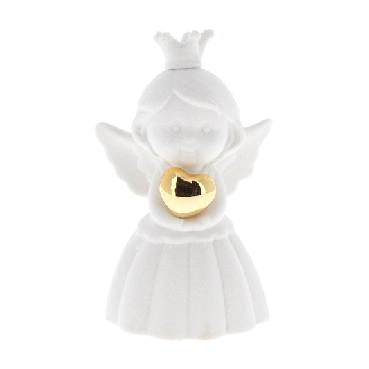 Ricordino Battesimo/Nascita/Evento - angelo in porcellana bianca con cuore oro. Altezza 9,8 cm