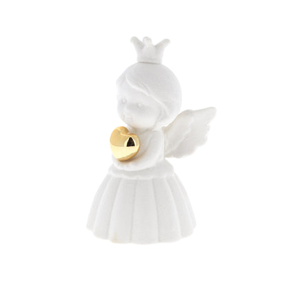 Ricordino Battesimo/Nascita/Evento - angelo in porcellana bianca con cuore oro. Altezza 9,8 cm