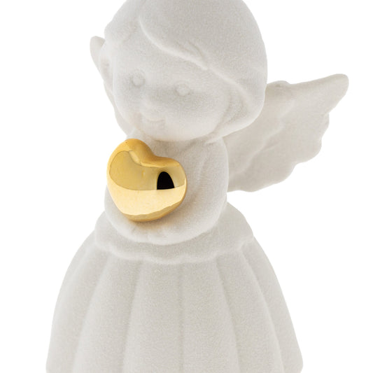 Ricordino Battesimo/Nascita/Evento - angelo in porcellana bianca con cuore oro. Altezza 9,8 cm