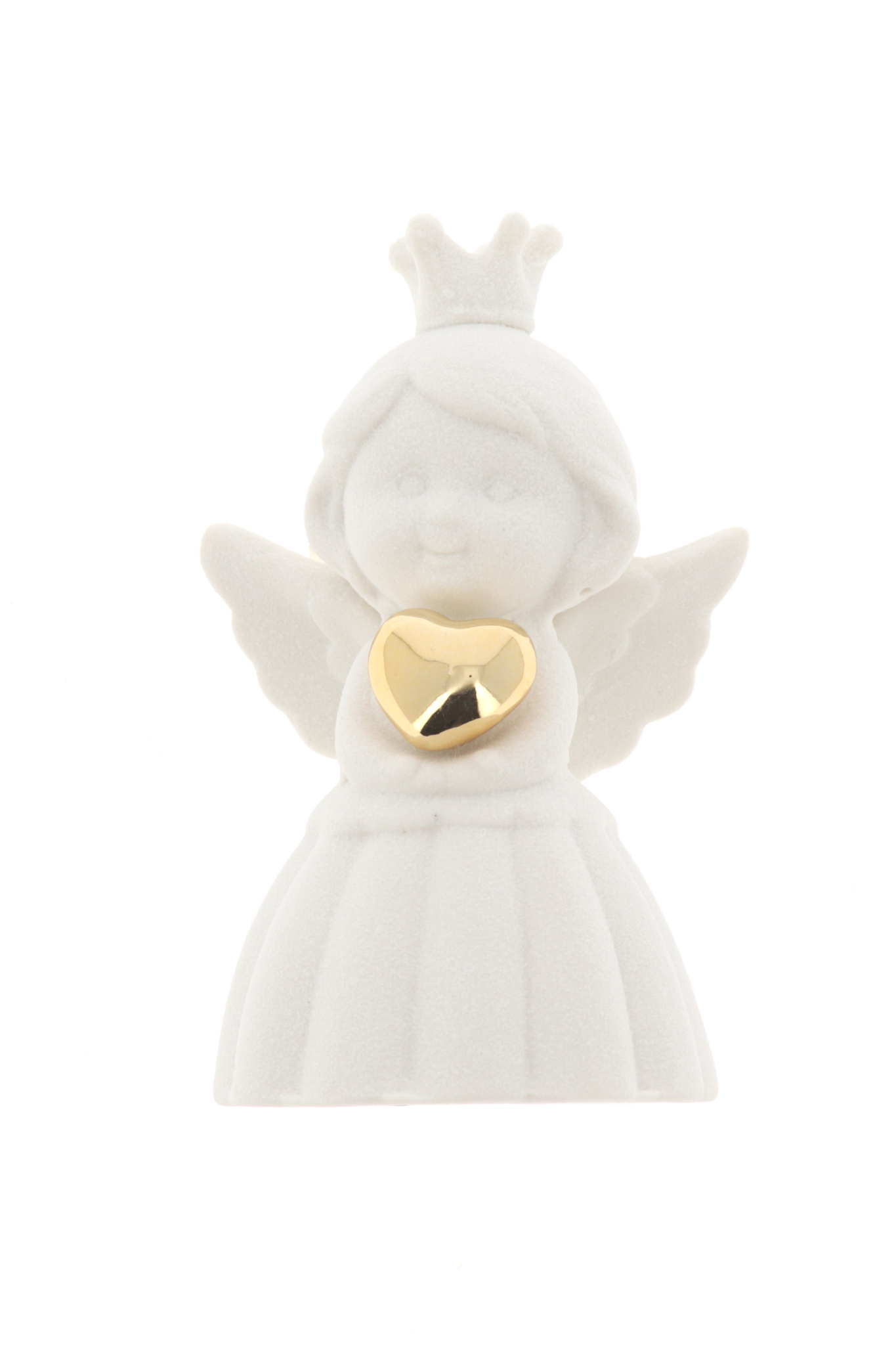 Ricordino Battesimo/Nascita/Evento - angelo in porcellana bianca con cuore oro. Altezza 9,8 cm