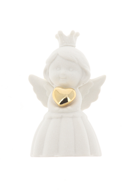 Ricordino Battesimo/Nascita/Evento - angelo in porcellana bianca con cuore oro. Altezza 9,8 cm