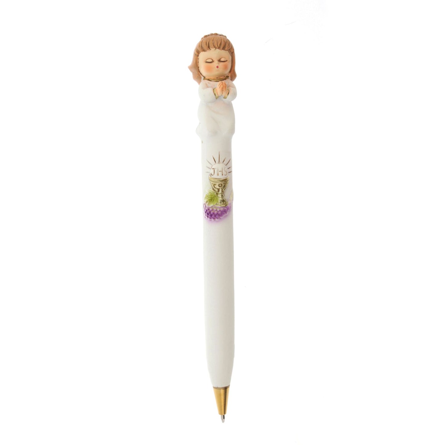 Ricordino Comunione - penna bimba/bimbo in preghiera in resina 17 cm