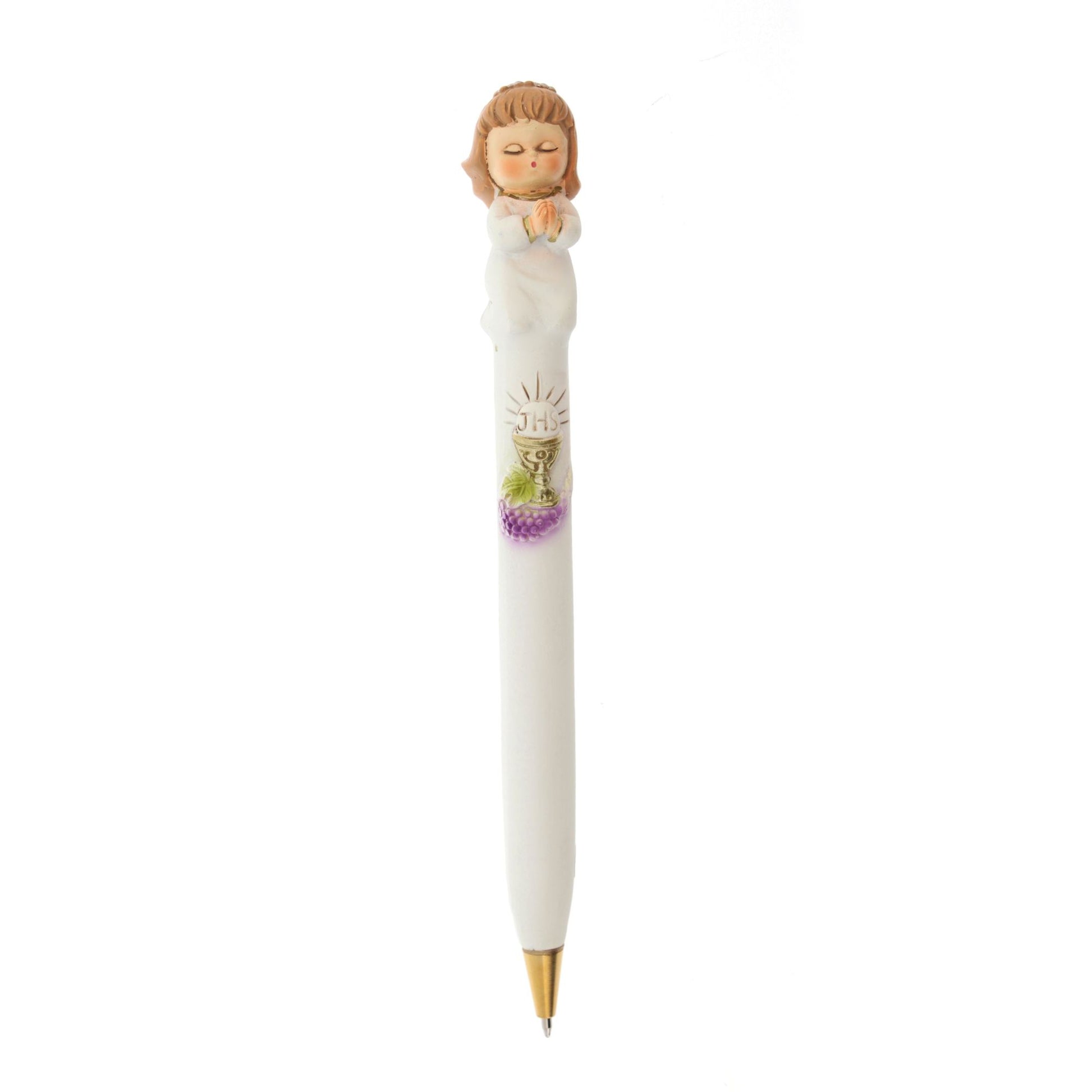 Ricordino Comunione - penna bimba/bimbo in preghiera in resina 17 cm