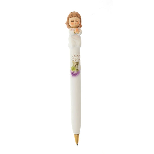 Ricordino Comunione - penna bimba/bimbo in preghiera in resina 17 cm