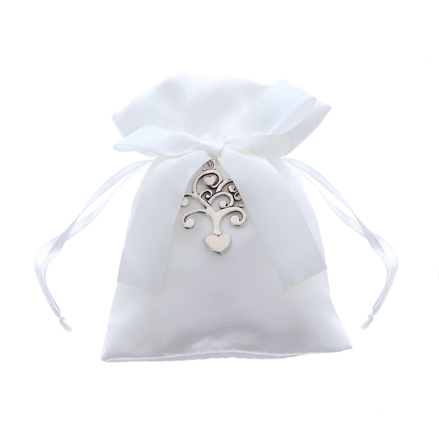 Sacchetto portaconfetti bianco con ciondolo Albero della Vita in metallo. Dimensioni 13x10 cm