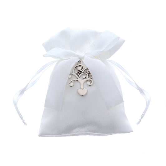 Sacchetto portaconfetti bianco con ciondolo Albero della Vita in metallo. Dimensioni 13x10 cm