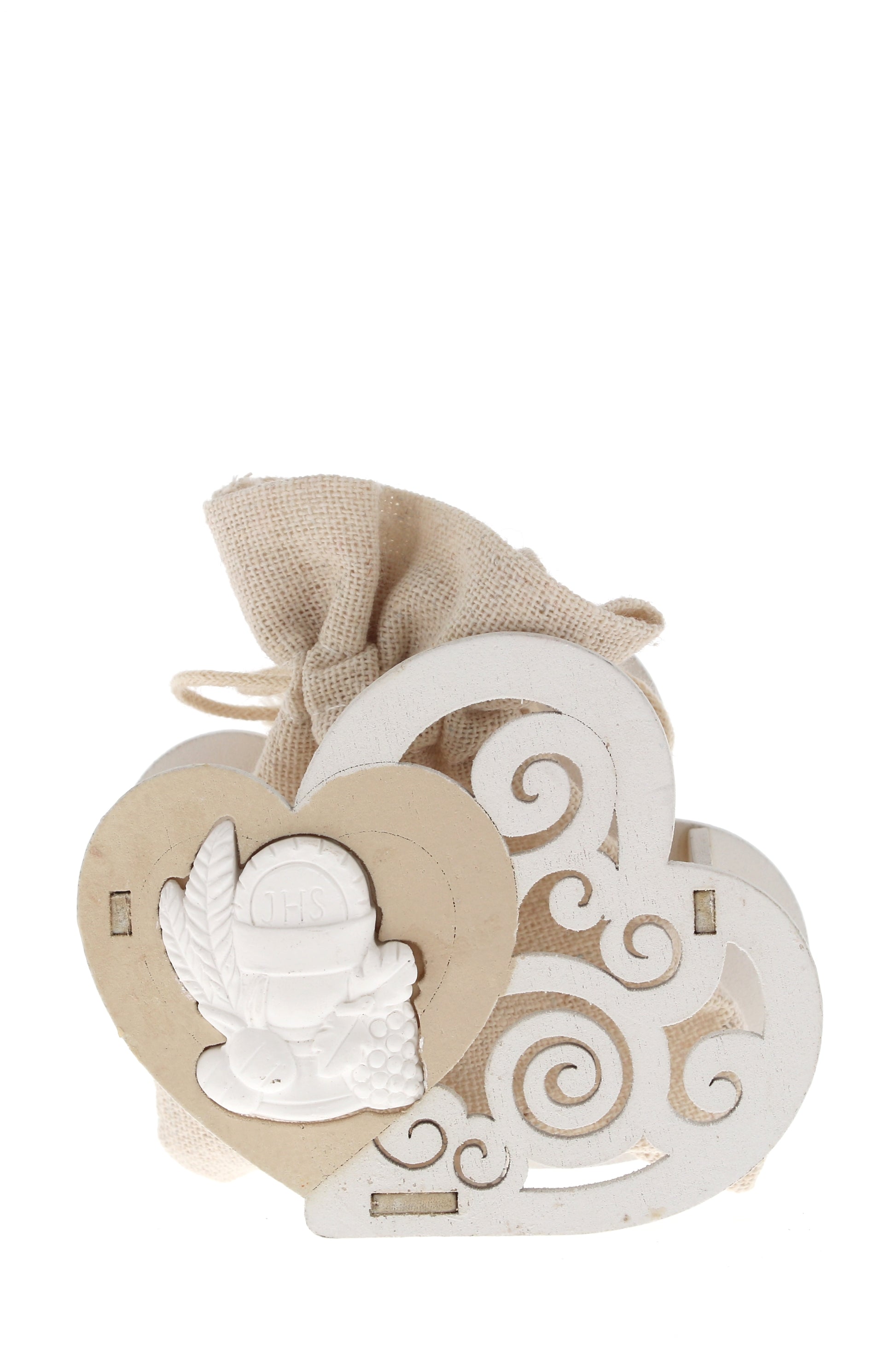 Sacchetto per confetti su Cuore in legno e applicazione in porcellana. Altezza 8 cm