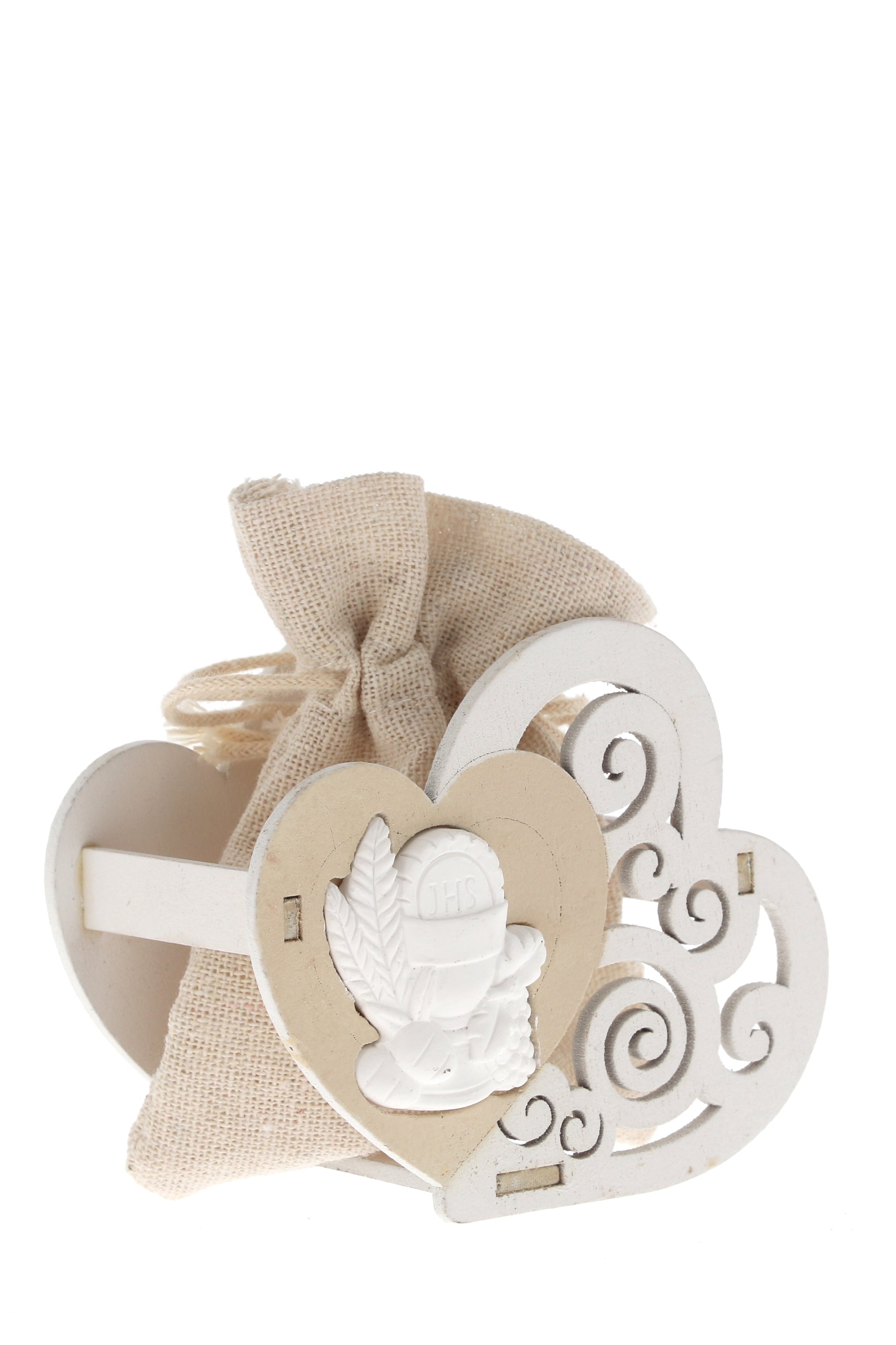 Sacchetto per confetti su Cuore in legno e applicazione in porcellana. Altezza 8 cm