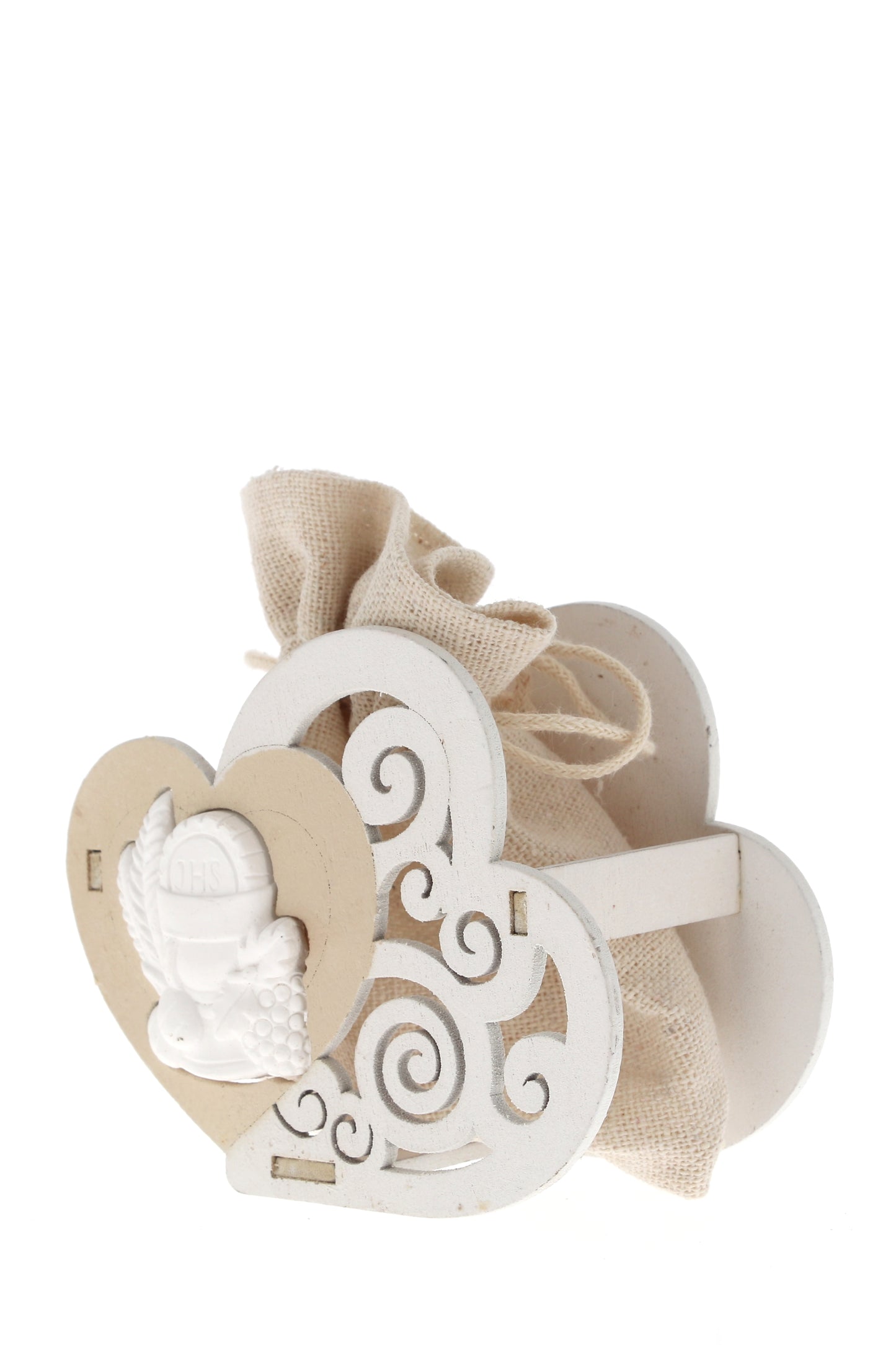 Sacchetto per confetti su Cuore in legno e applicazione in porcellana. Altezza 8 cm