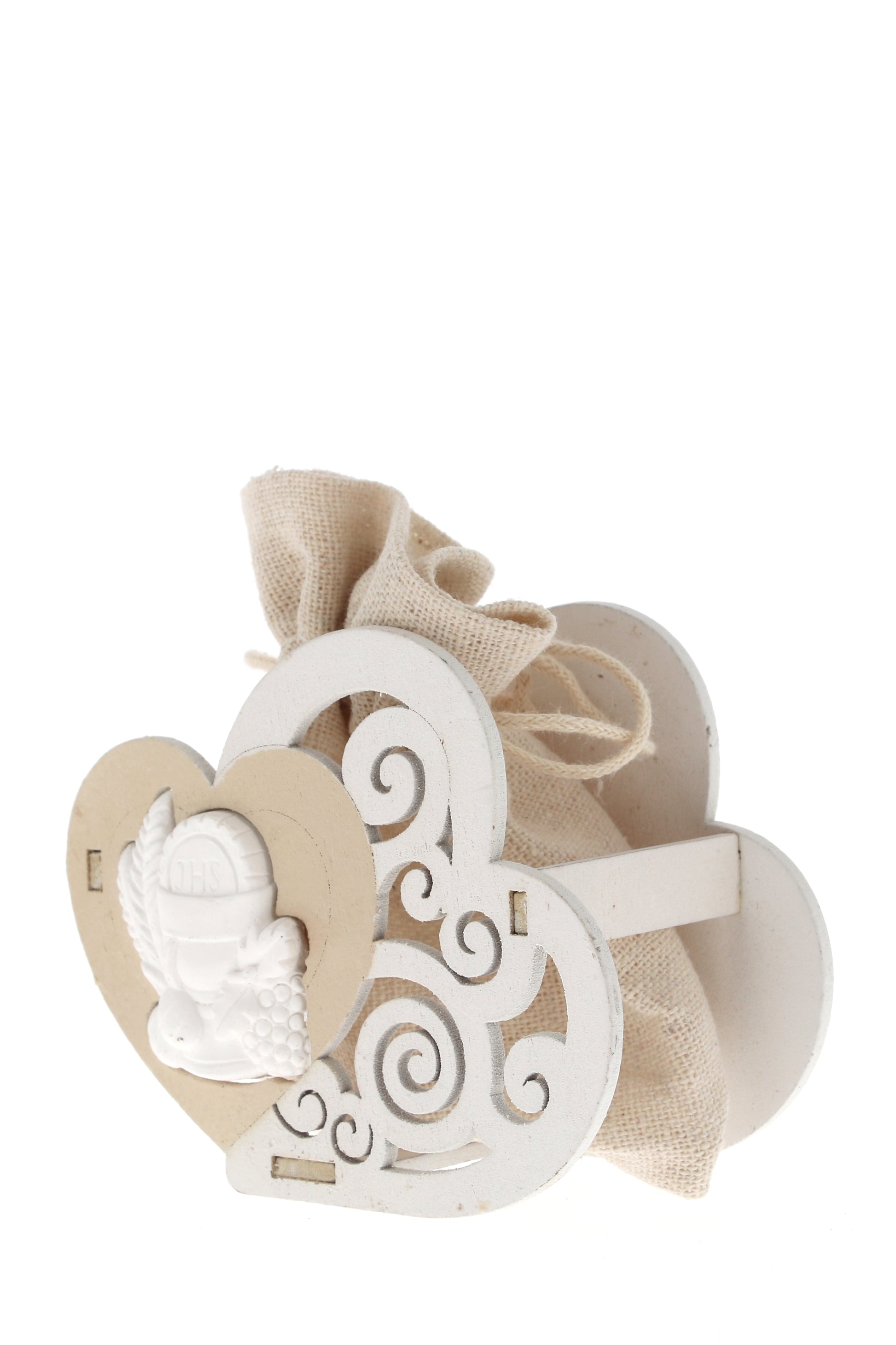 Sacchetto per confetti su Cuore in legno e applicazione in porcellana. Altezza 8 cm