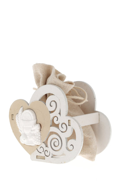 Sacchetto per confetti su Cuore in legno e applicazione in porcellana. Altezza 8 cm