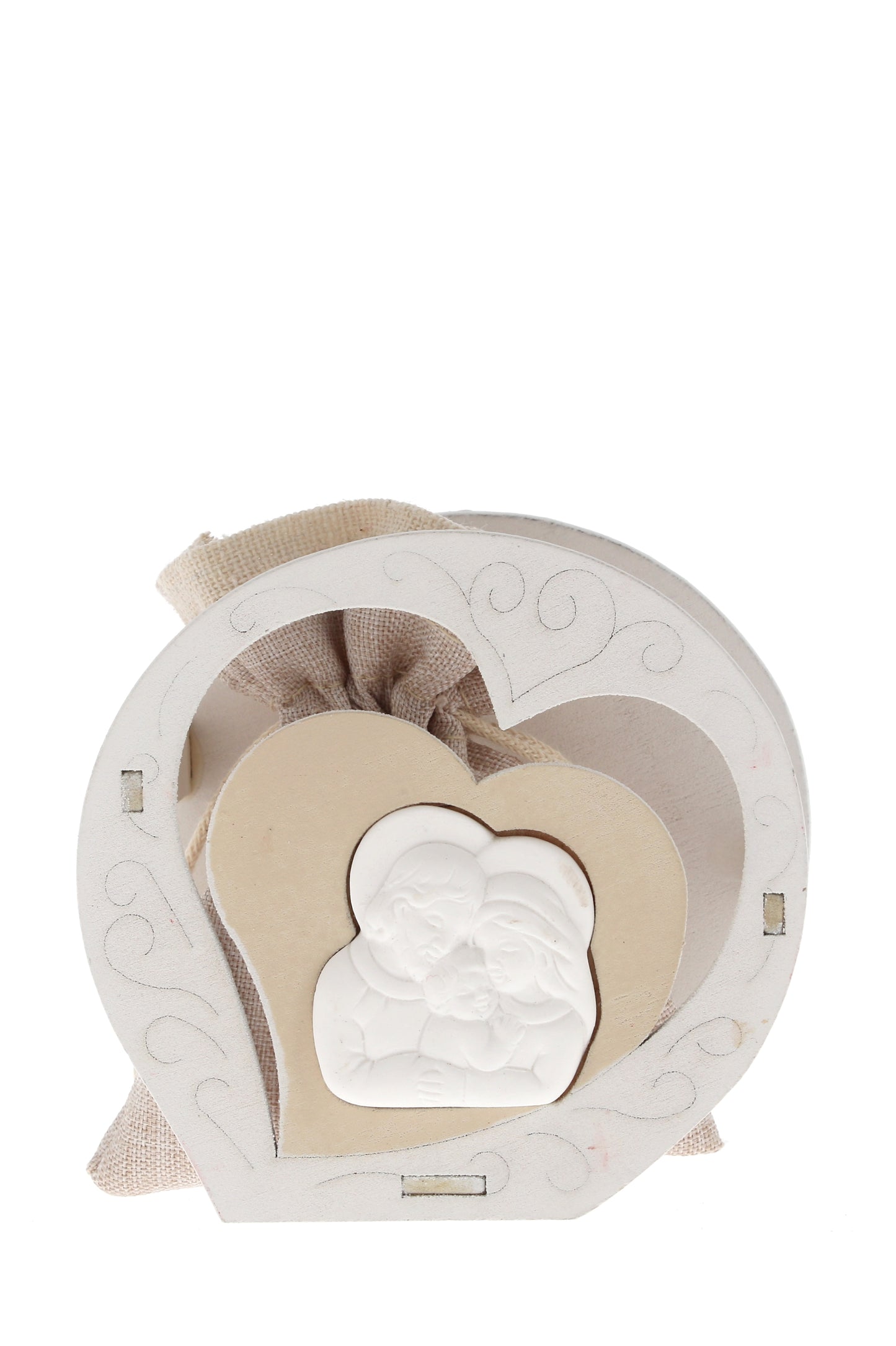 Sacchetto per confetti su Cuore in legno e applicazione in porcellana. Altezza 8 cm