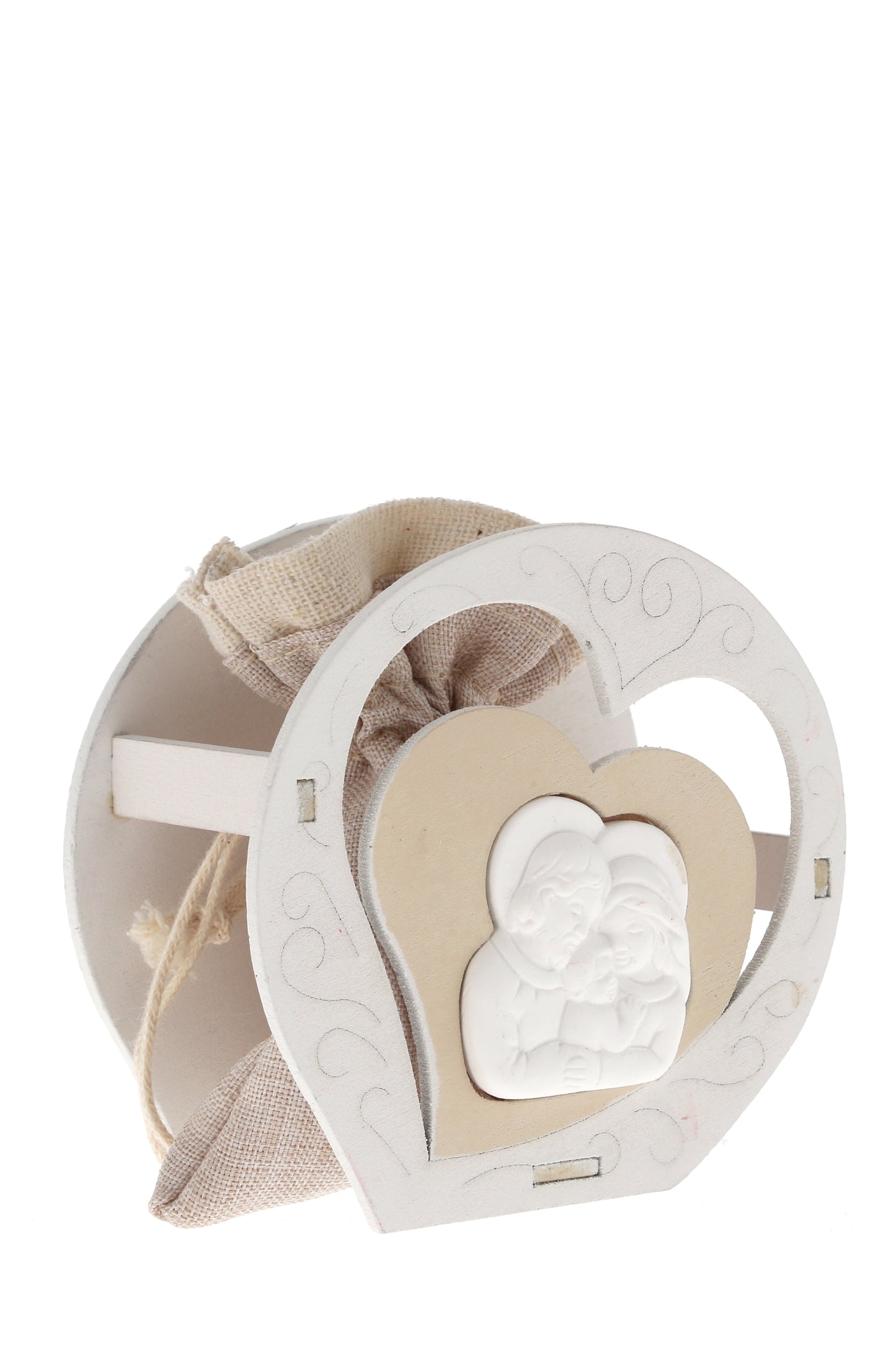 Sacchetto per confetti su Cuore in legno e applicazione in porcellana. Altezza 8 cm