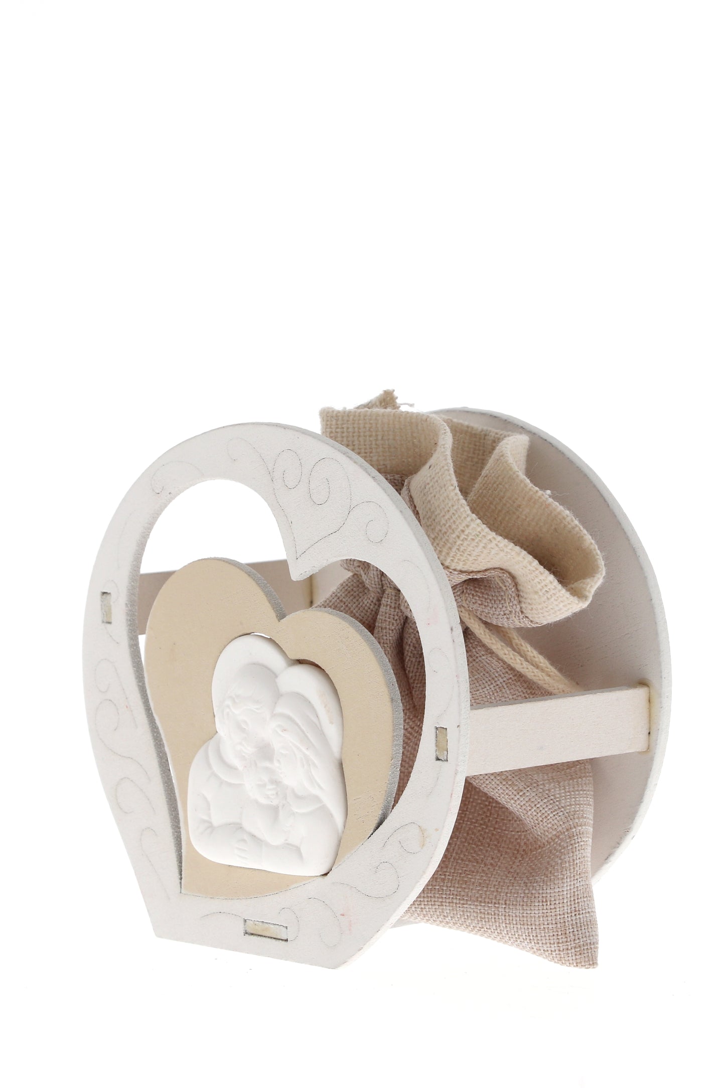 Sacchetto per confetti su Cuore in legno e applicazione in porcellana. Altezza 8 cm