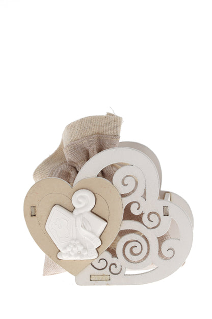 Sacchetto per confetti su Cuore in legno e applicazione in porcellana. Altezza 8 cm