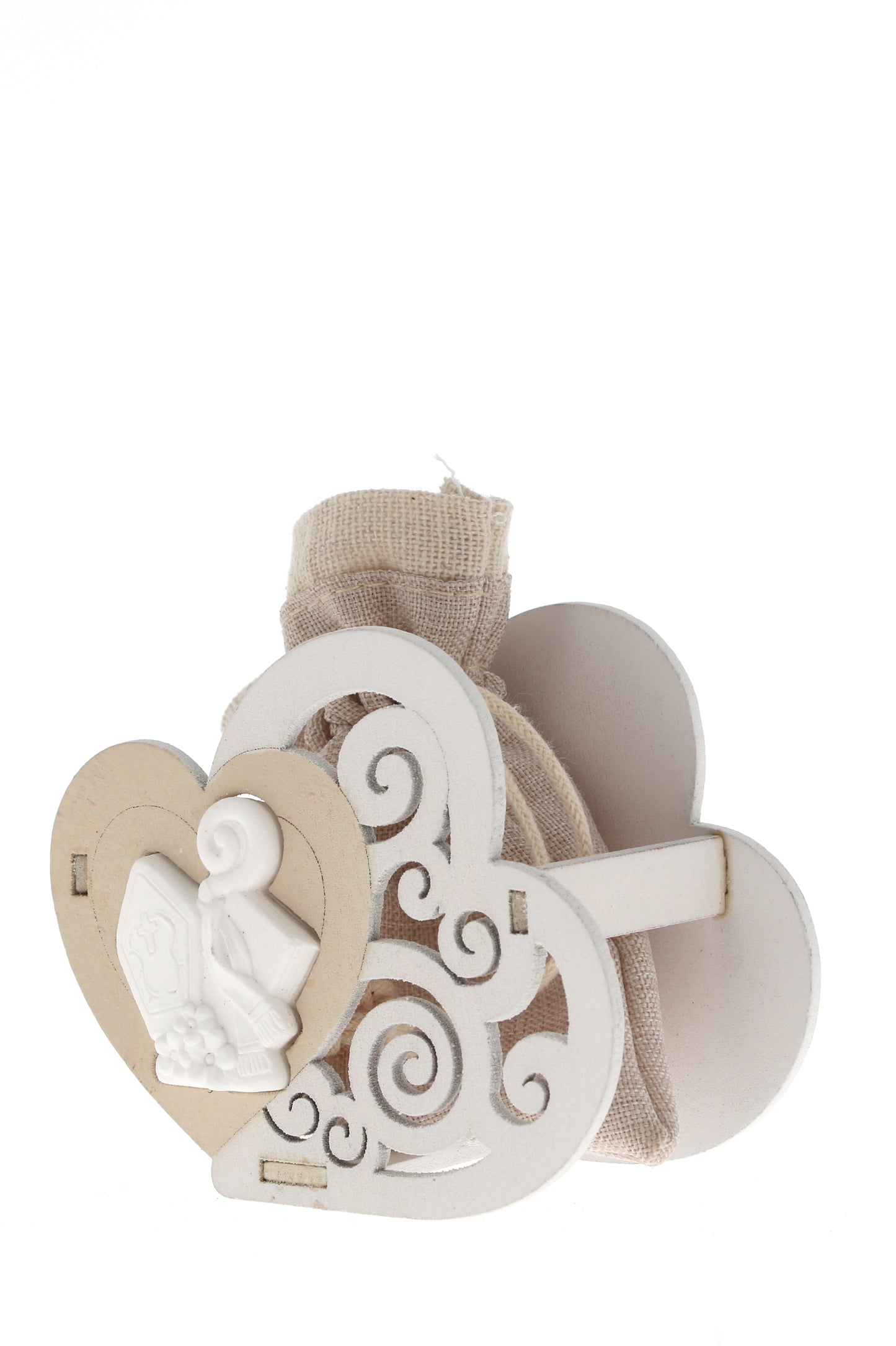 Sacchetto per confetti su Cuore in legno e applicazione in porcellana. Altezza 8 cm