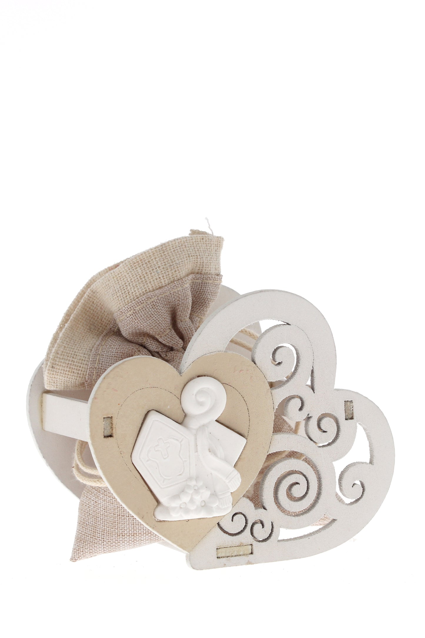 Sacchetto per confetti su Cuore in legno e applicazione in porcellana. Altezza 8 cm