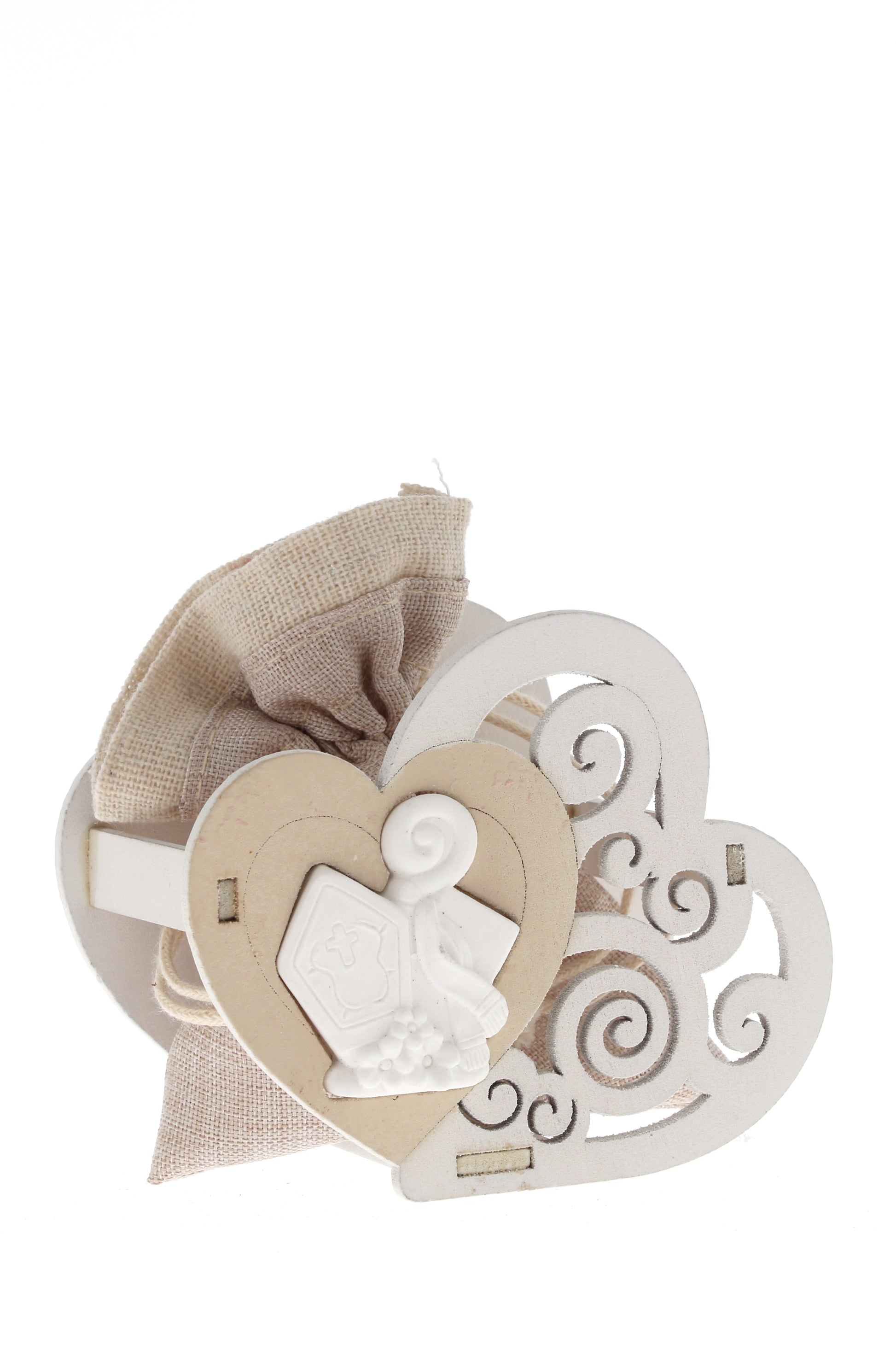 Sacchetto per confetti su Cuore in legno e applicazione in porcellana. Altezza 8 cm