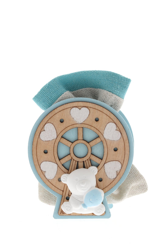 Sacchetto per confetti su Ruota in legno e orsetto bianco. Altezza 8 cm