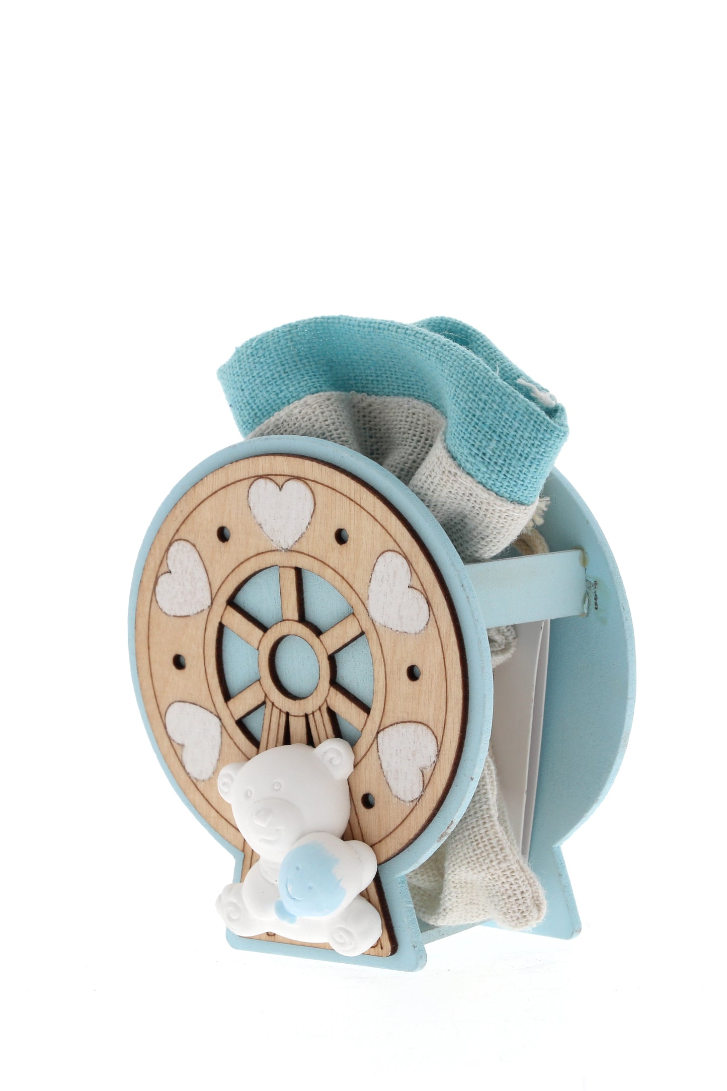 Sacchetto per confetti su Ruota in legno e orsetto bianco. Altezza 8 cm