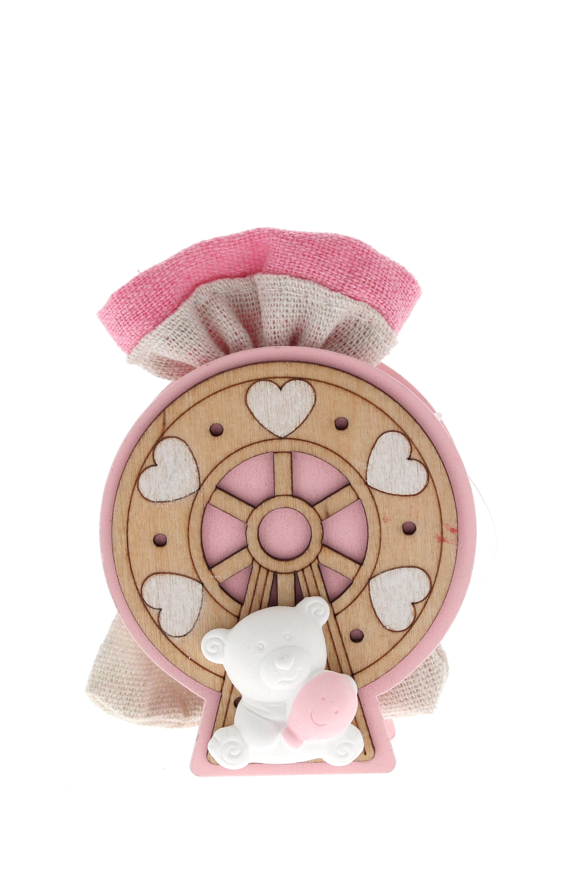 Sacchetto per confetti su Ruota in legno e orsetto bianco. Altezza 8 cm