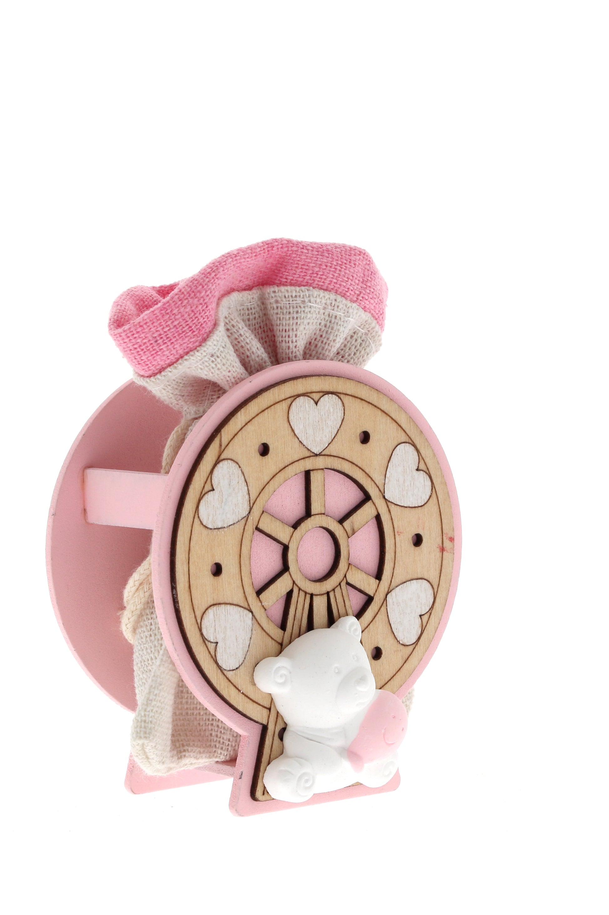 Sacchetto per confetti su Ruota in legno e orsetto bianco. Altezza 8 cm