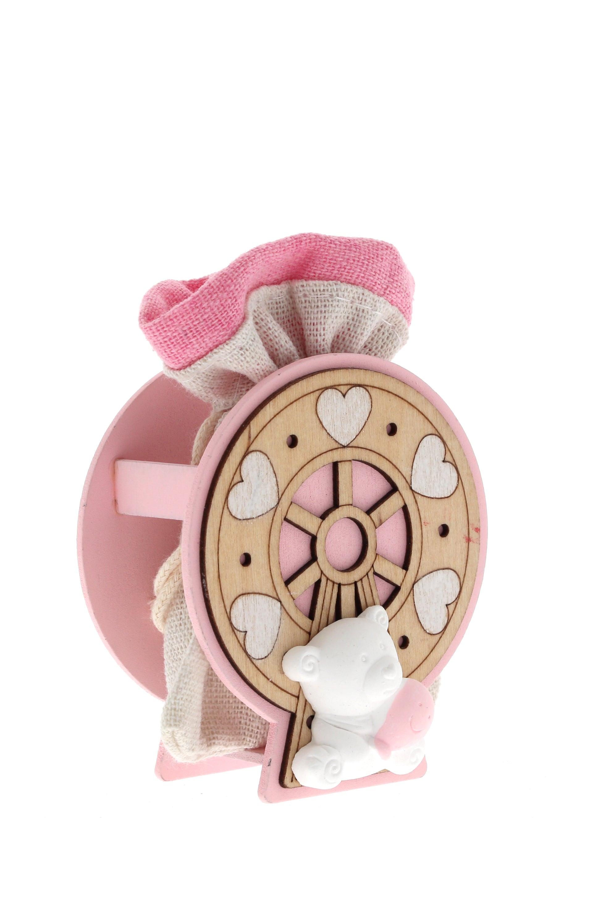 Sacchetto per confetti su Ruota in legno e orsetto bianco. Altezza 8 cm