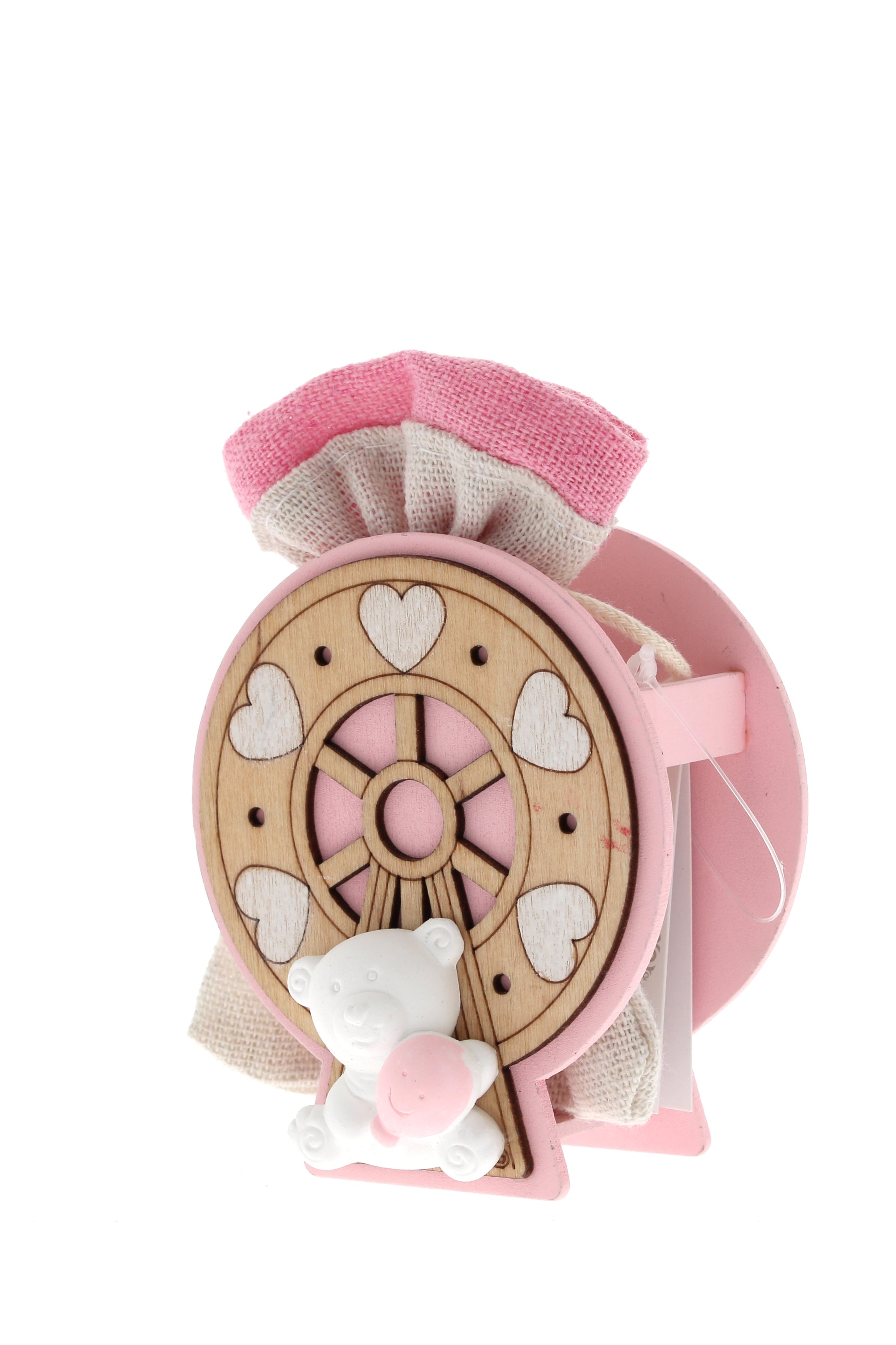 Sacchetto per confetti su Ruota in legno e orsetto bianco. Altezza 8 cm