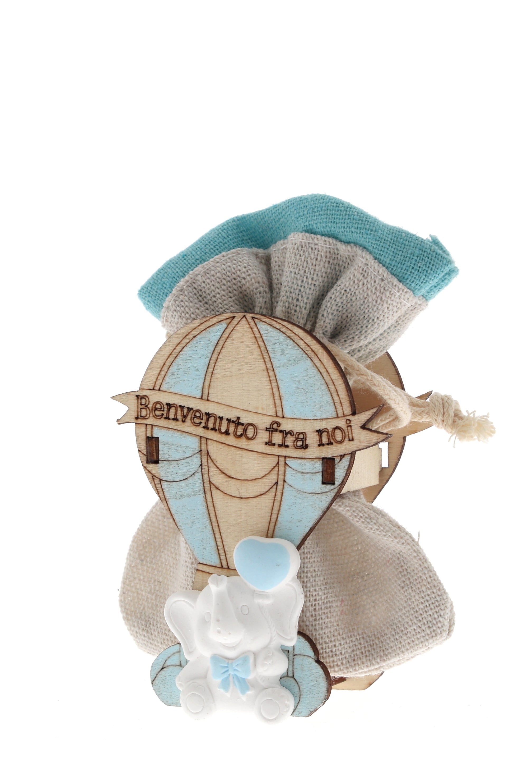 Sacchetto per confetti su Mongolfiera in legno e elefantino bianco. Altezza 8 cm
