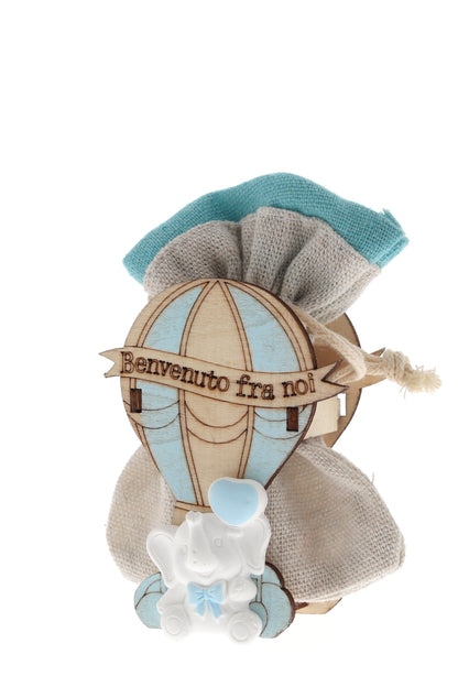 Sacchetto per confetti su Mongolfiera in legno e elefantino bianco. Altezza 8 cm