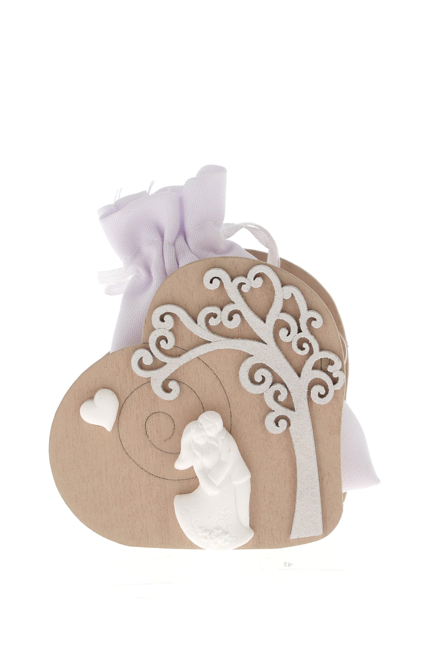 Sacchetto per confetti su Cuore in legno e sposi in porcellana. Altezza 7,5 cm