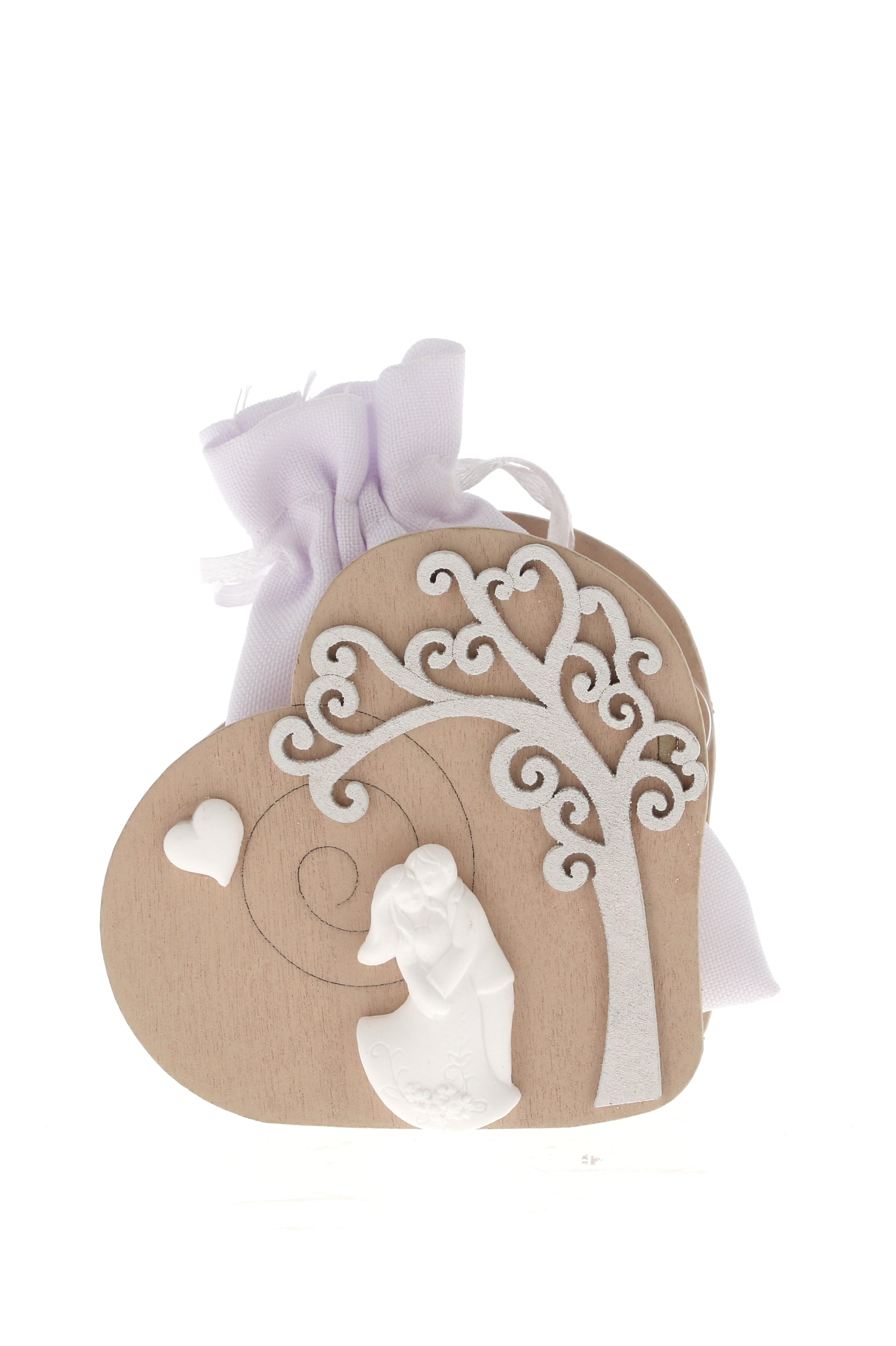 Sacchetto per confetti su Cuore in legno e sposi in porcellana. Altezza 7,5 cm