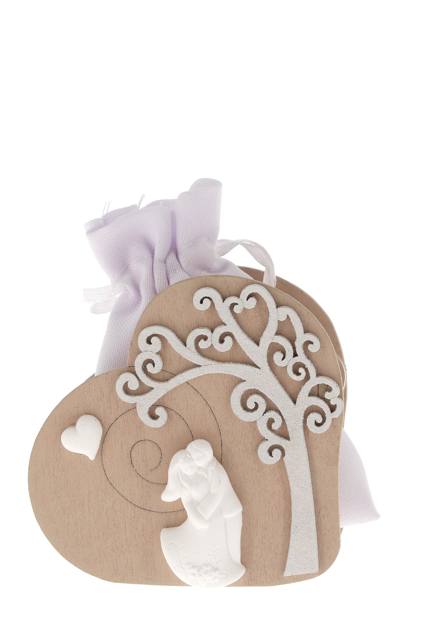 Sacchetto per confetti su Cuore in legno e sposi in porcellana. Altezza 7,5 cm